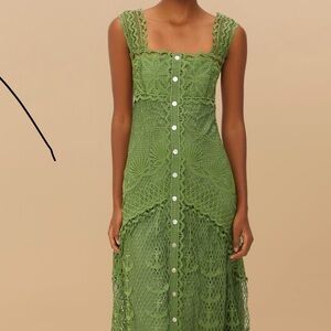 FARM Rio Green Button-Down Lace Midi Dress